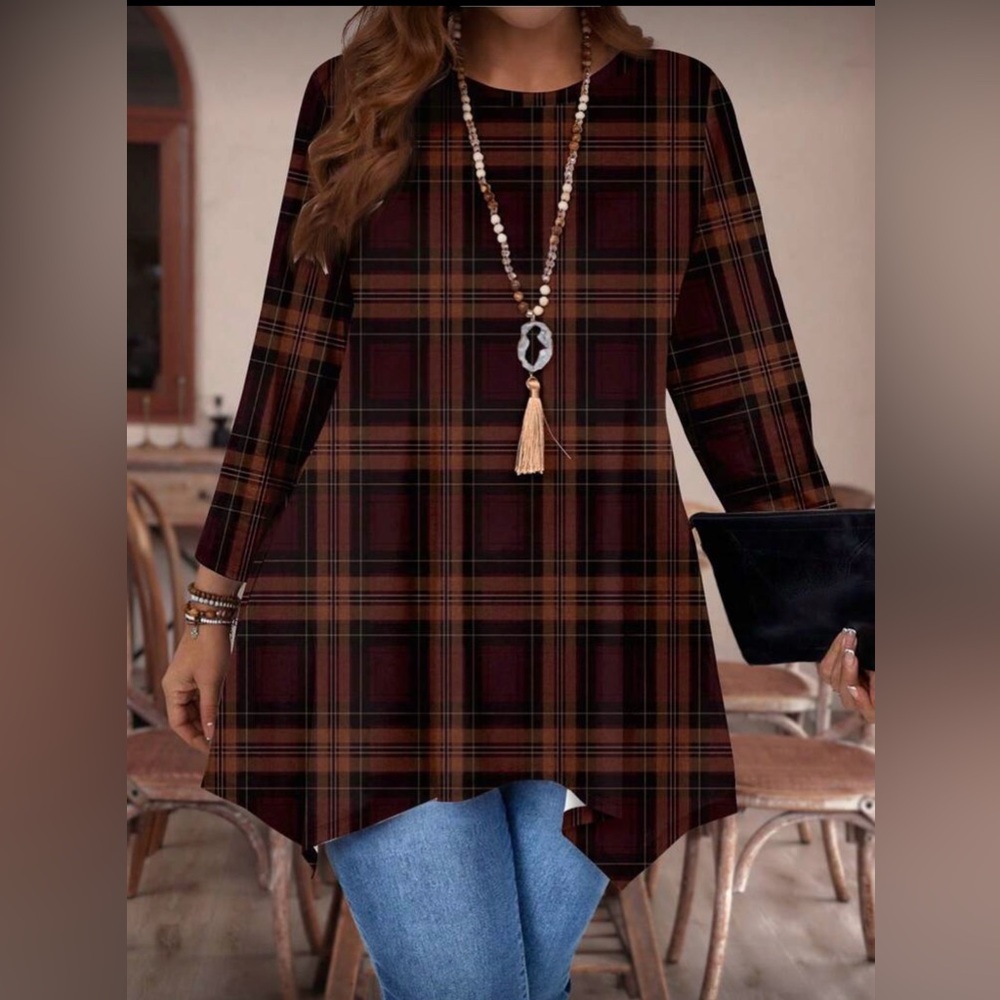 Plaid Long-Sleeve Tunic Top in Burgundy and Brown